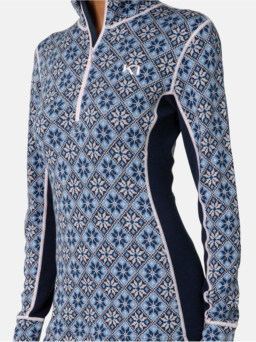 Kari Traa Blue Nordic-Print Long-Sleeve Half-Zip Top with Pink Trim